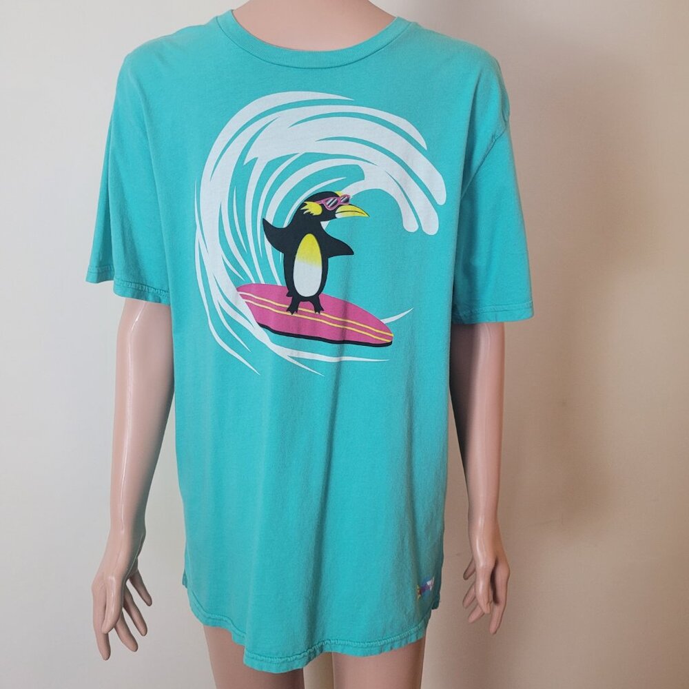 Toddland T-Shirt men's L surfing penguin teal blue 80s retro vintage Y2K surfer.